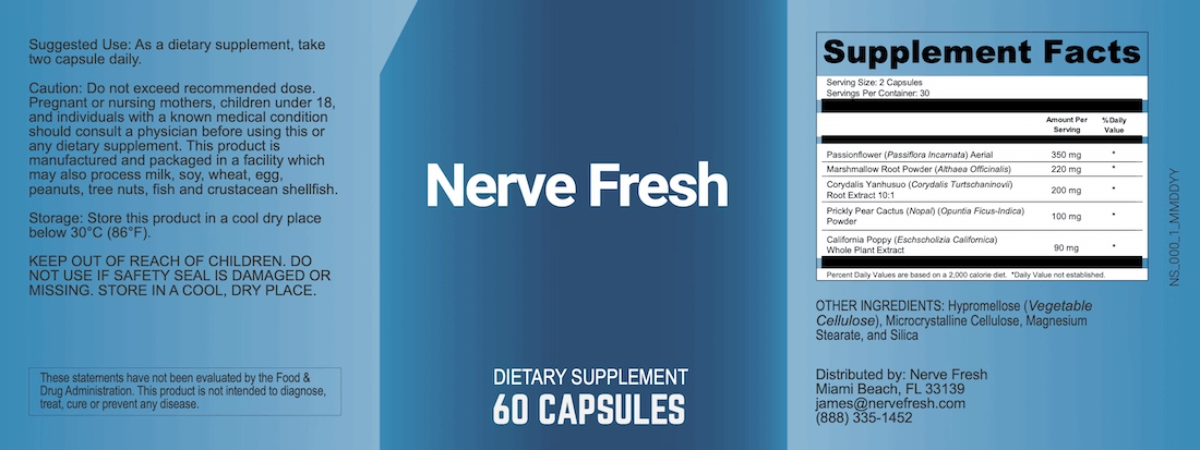 Nerve Fresh Supplement Facts label: Potato Botanical Nerve Support, Nerve Support Blend and Chicory Root Nerve Compound