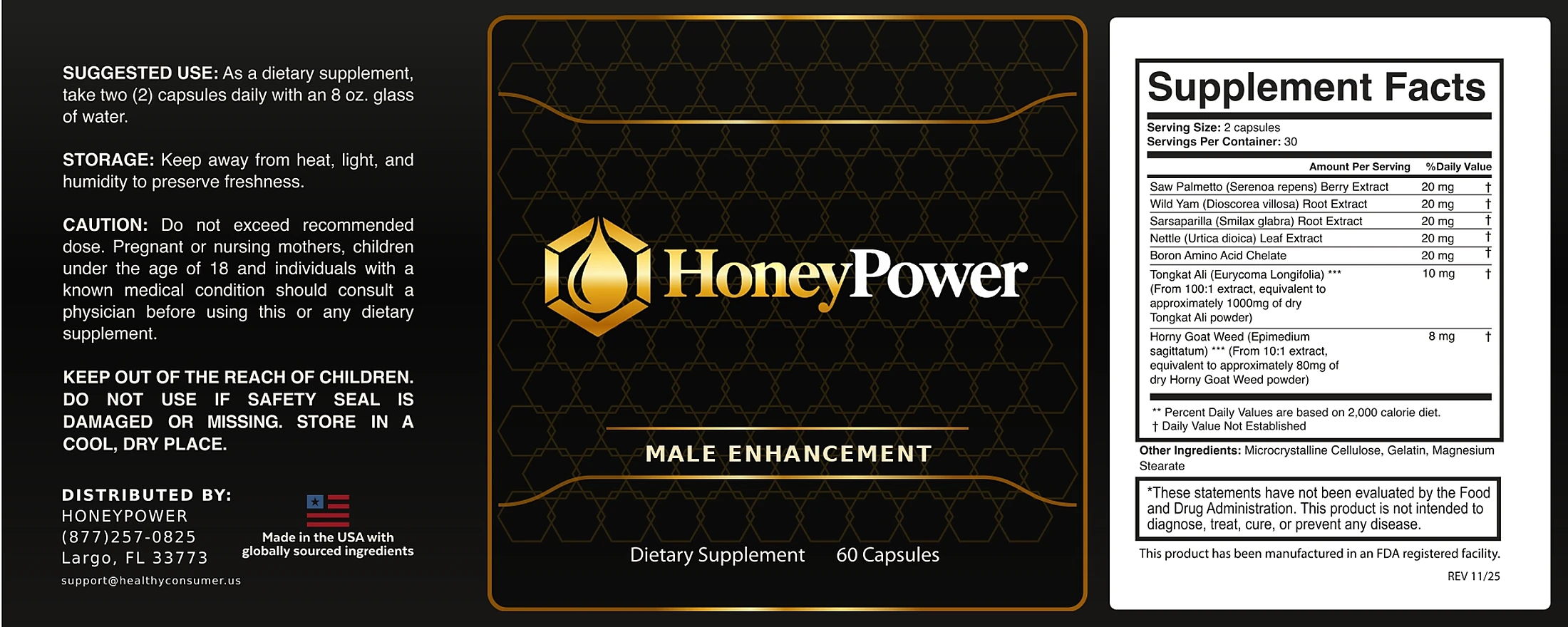 HoneyPower Supplement Facts label: Potato Botanical Extracts, Wellness Blend and Chicory Root Botanical